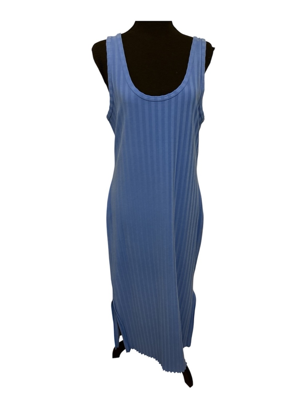 Sleeveless Blue Ribbed Maxi Dress with Side Slit